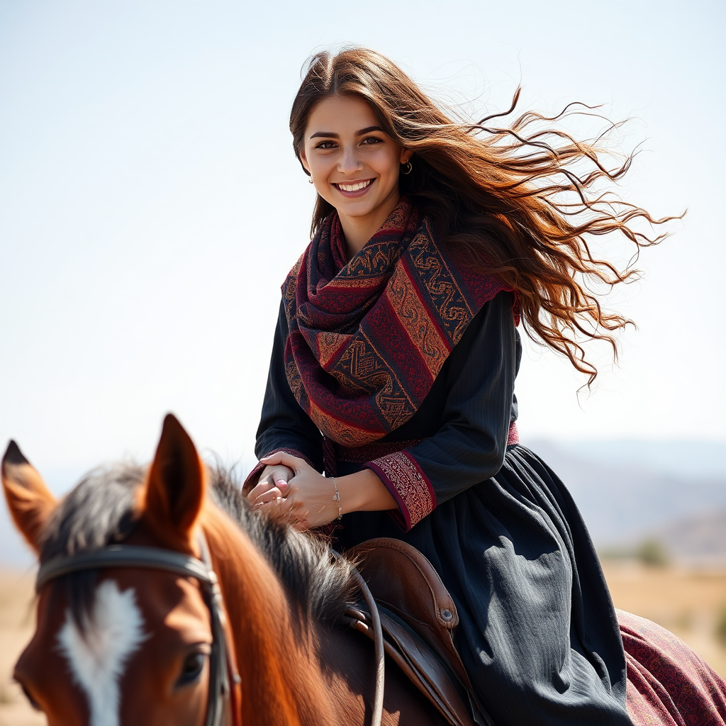 A Iranian Muslim girl riding a strong horse.