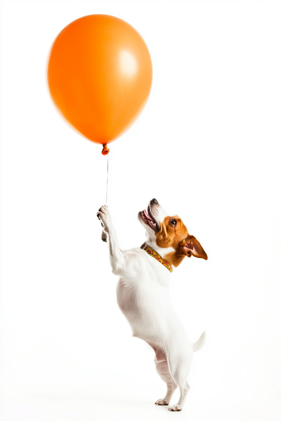 A Jack Russell Dog Holding Balloon Floating Up.