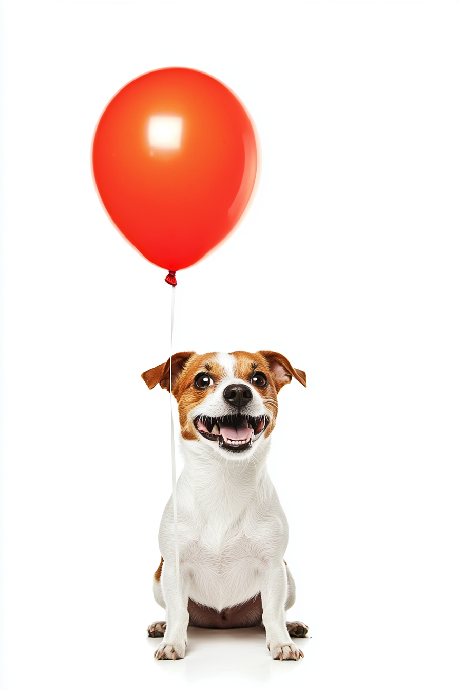 A Jack Russell Dog Hugging Orange Balloon Happily