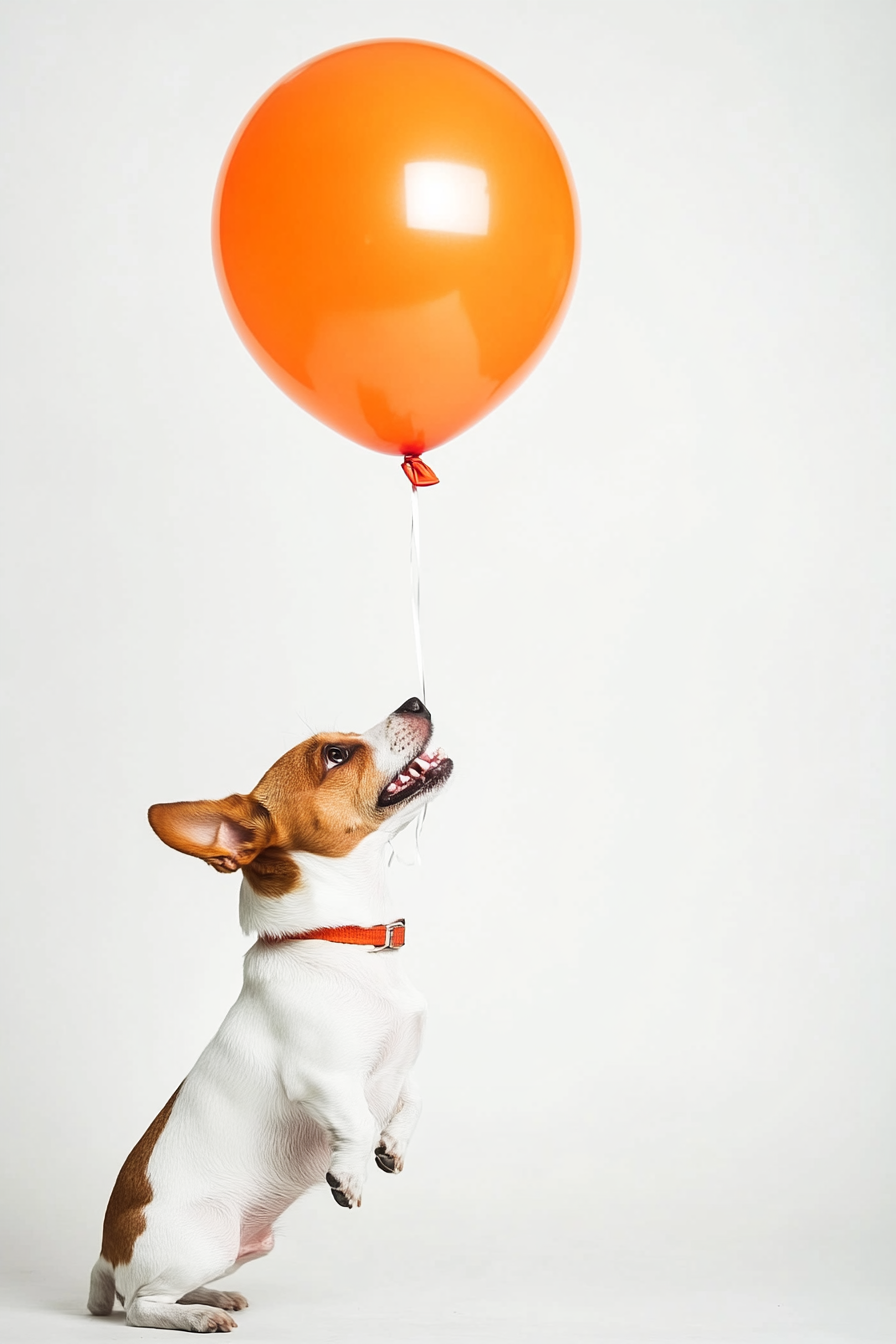 A Jack Russell dog hugging orange balloon.