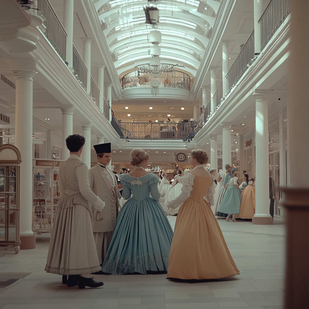 A Jane Austen character-filled mall, Benny Hill style.