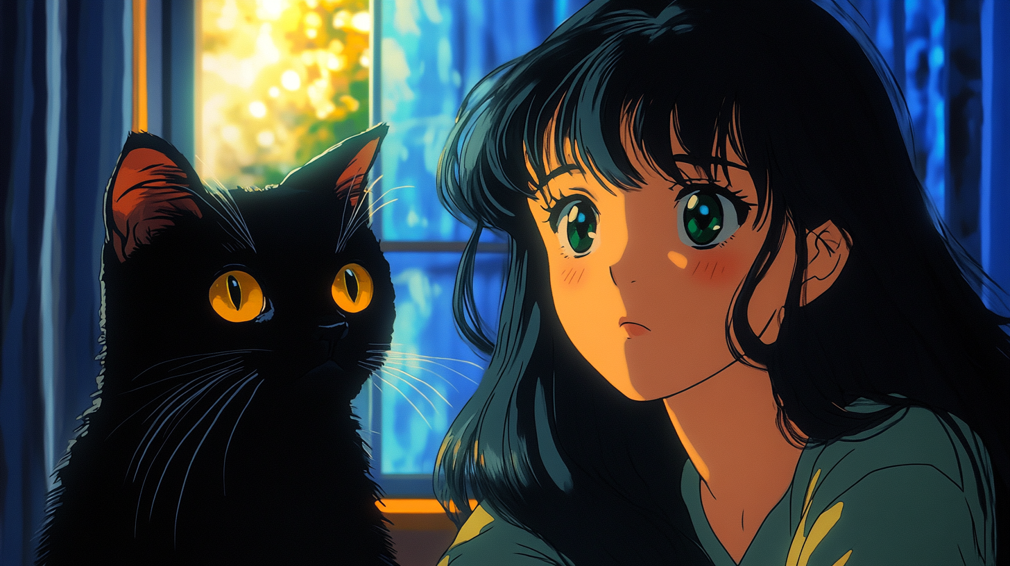 A Japanese Anime Girl with a Black Cat