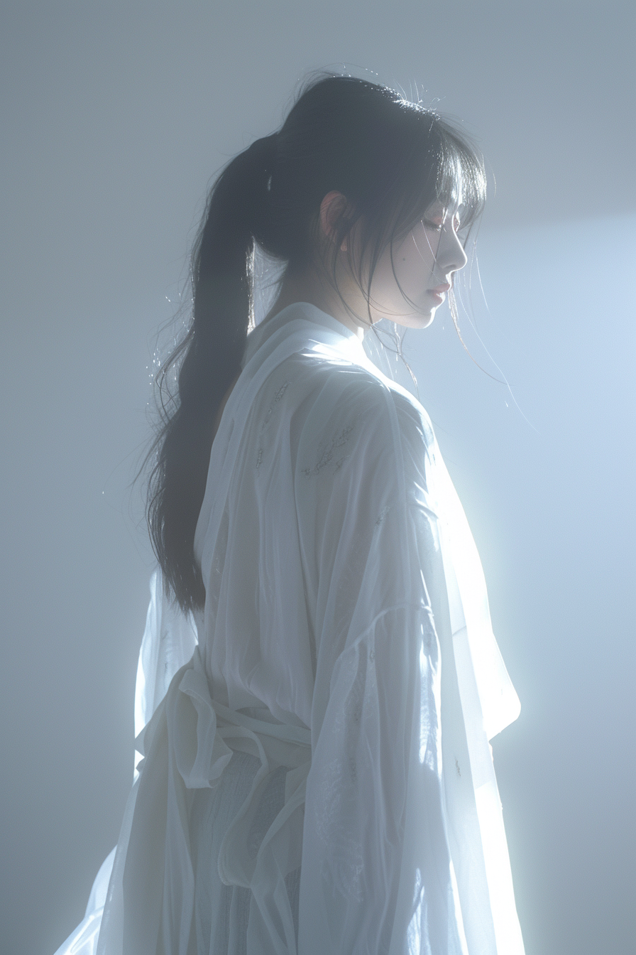 A Japanese Girl in Elegant White Chiffon