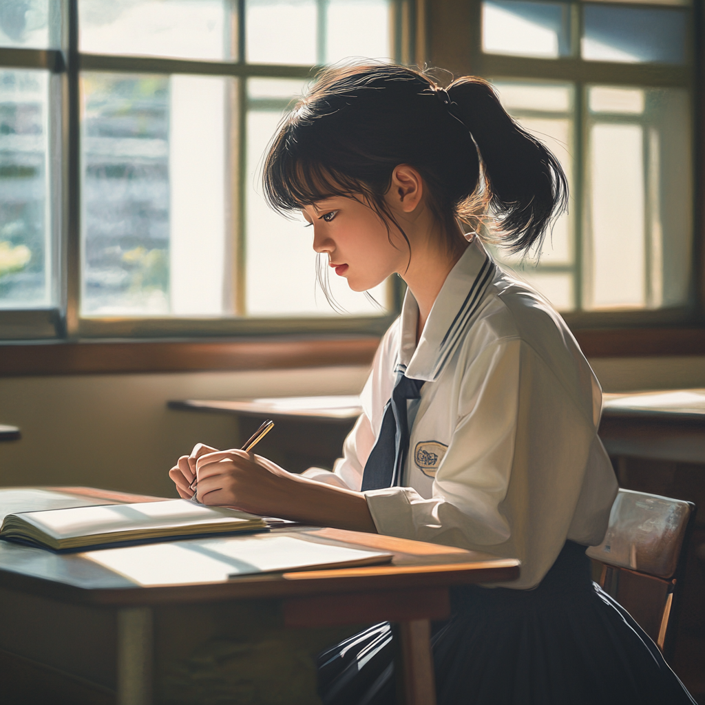 A Japanese High School Girl Writing in Classroom