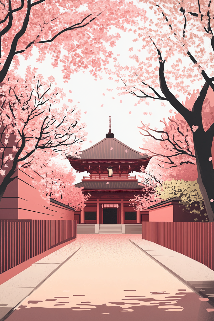 A Japanese Temple with Sakura Blossom Trees