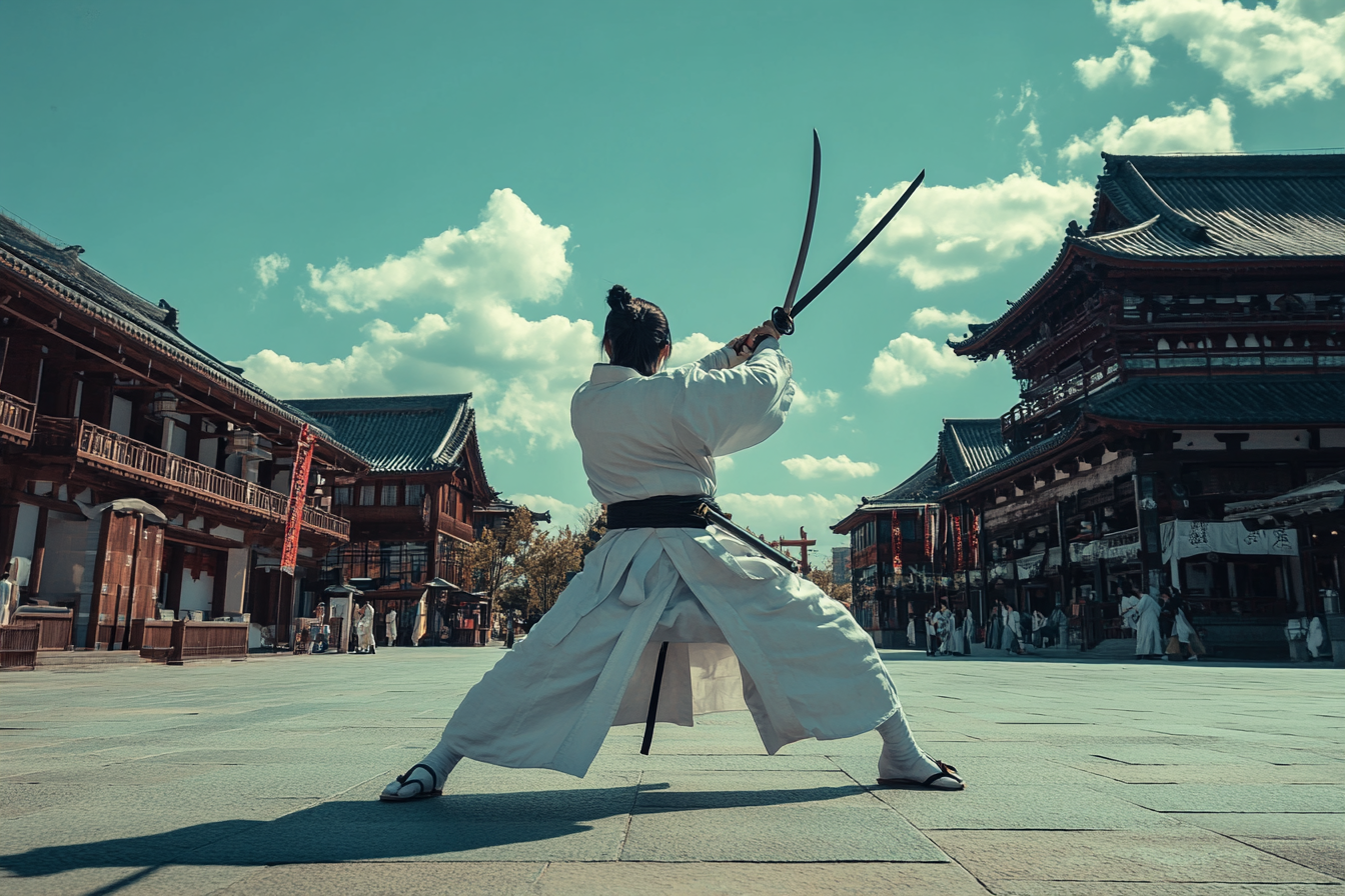 A Japanese Warrior Holds Katana in Fighting Stance