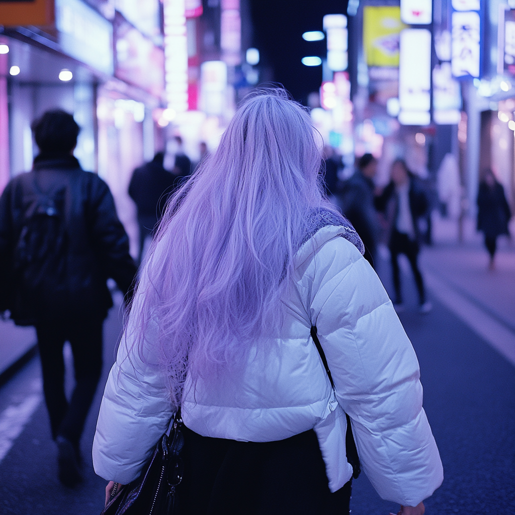 A Japanese Woman Strolling Shibuya Streets at Night