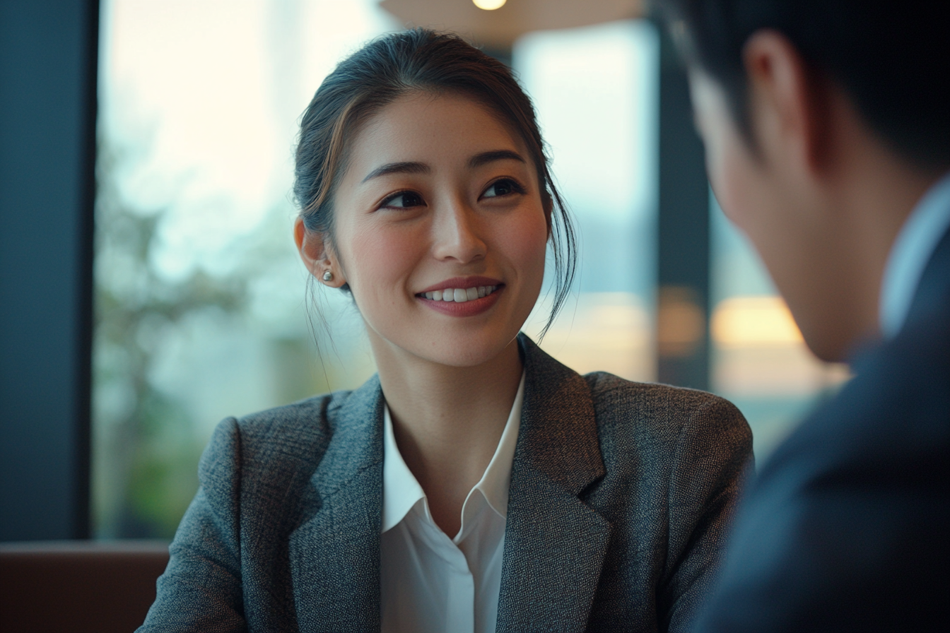 A Japanese businesswoman meeting a supportive bank officer