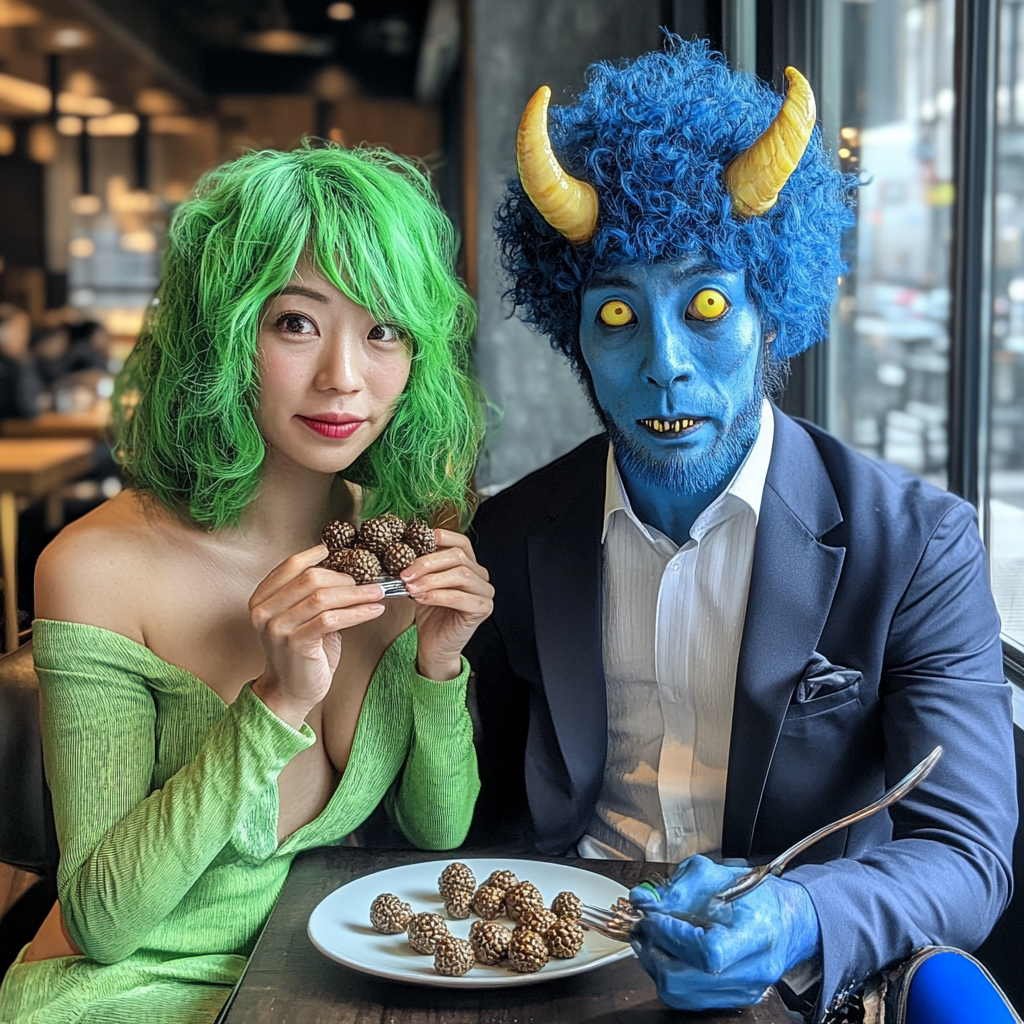 A Japanese couple at fancy restaurant with unique hairstyles