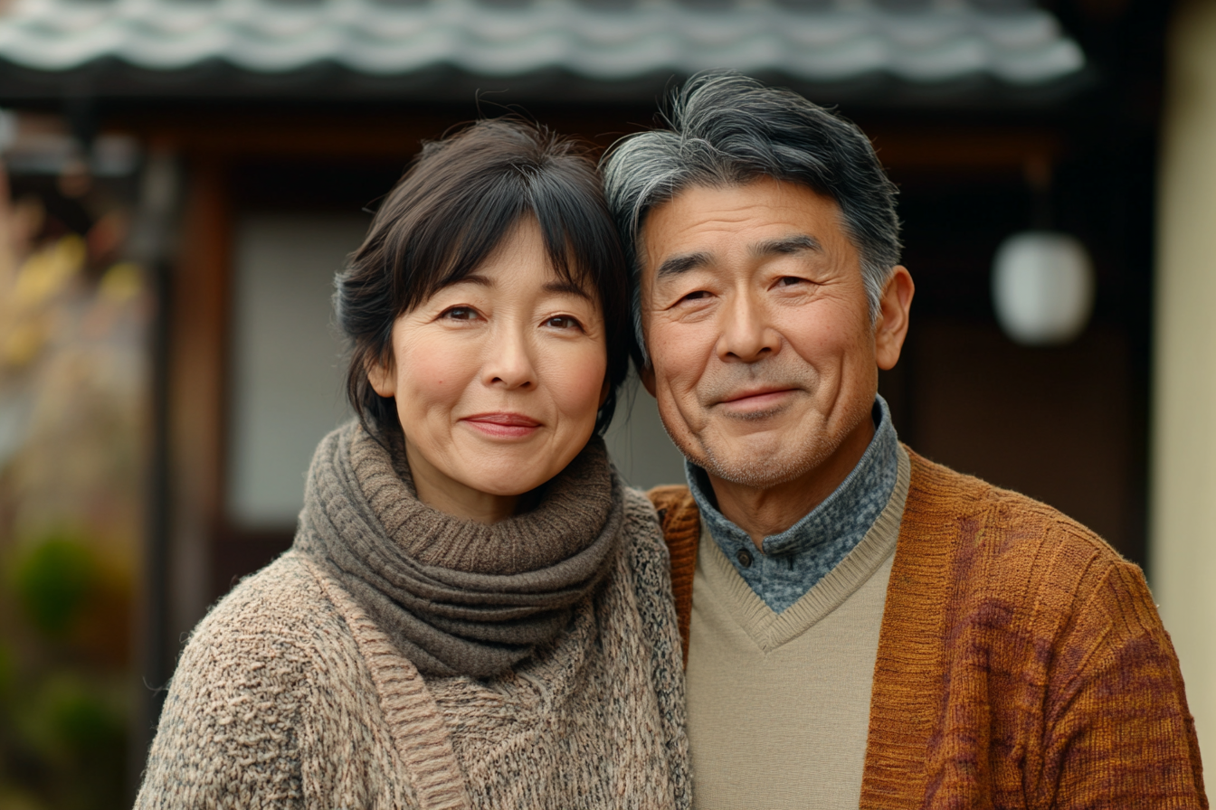 A Japanese couple in front of new home