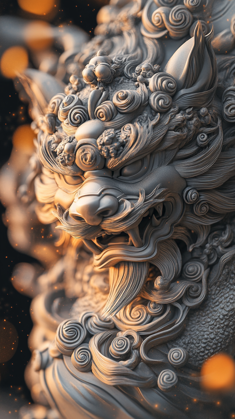 A Japanese fierce foo dog closeup with flowy design.