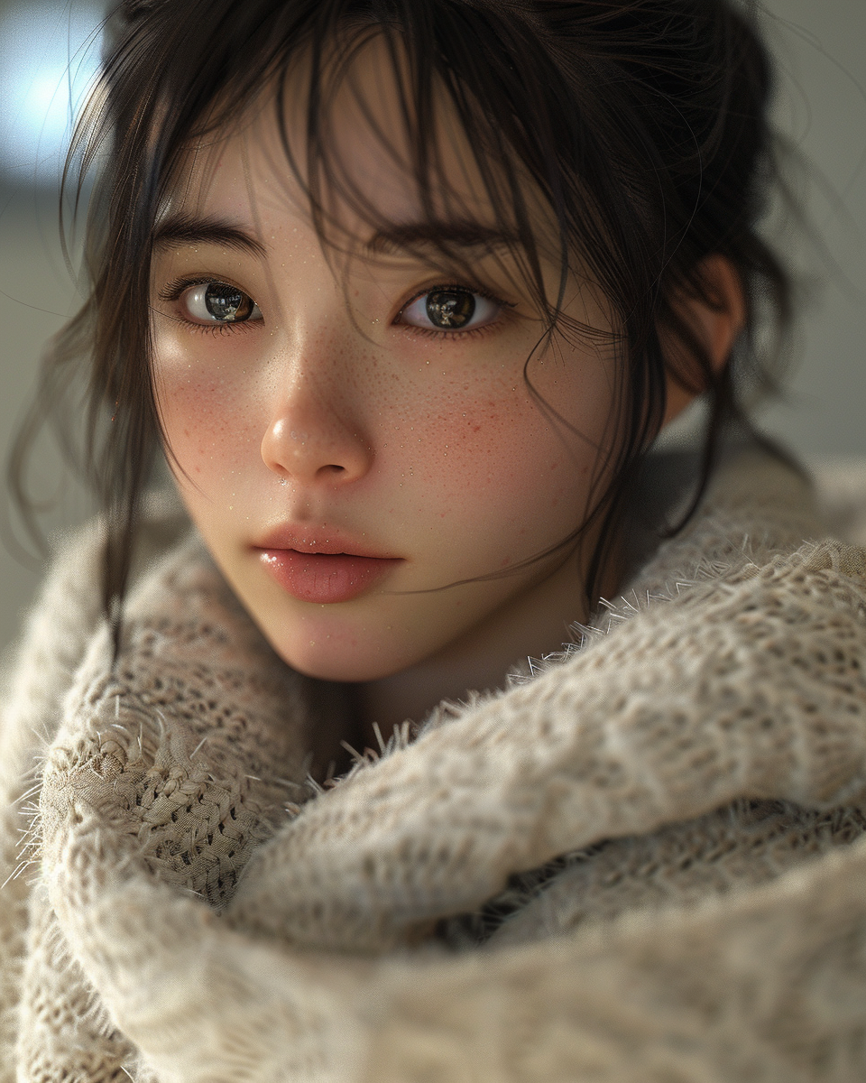 A Japanese girl in cozy white cardigan portrait.