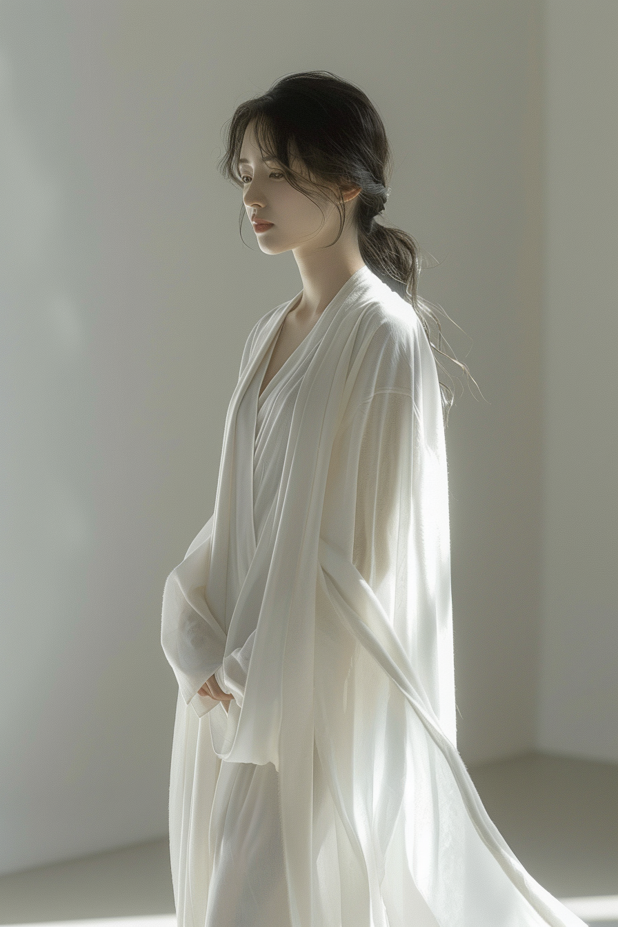 A Japanese girl in white cardigan, glowing softly.