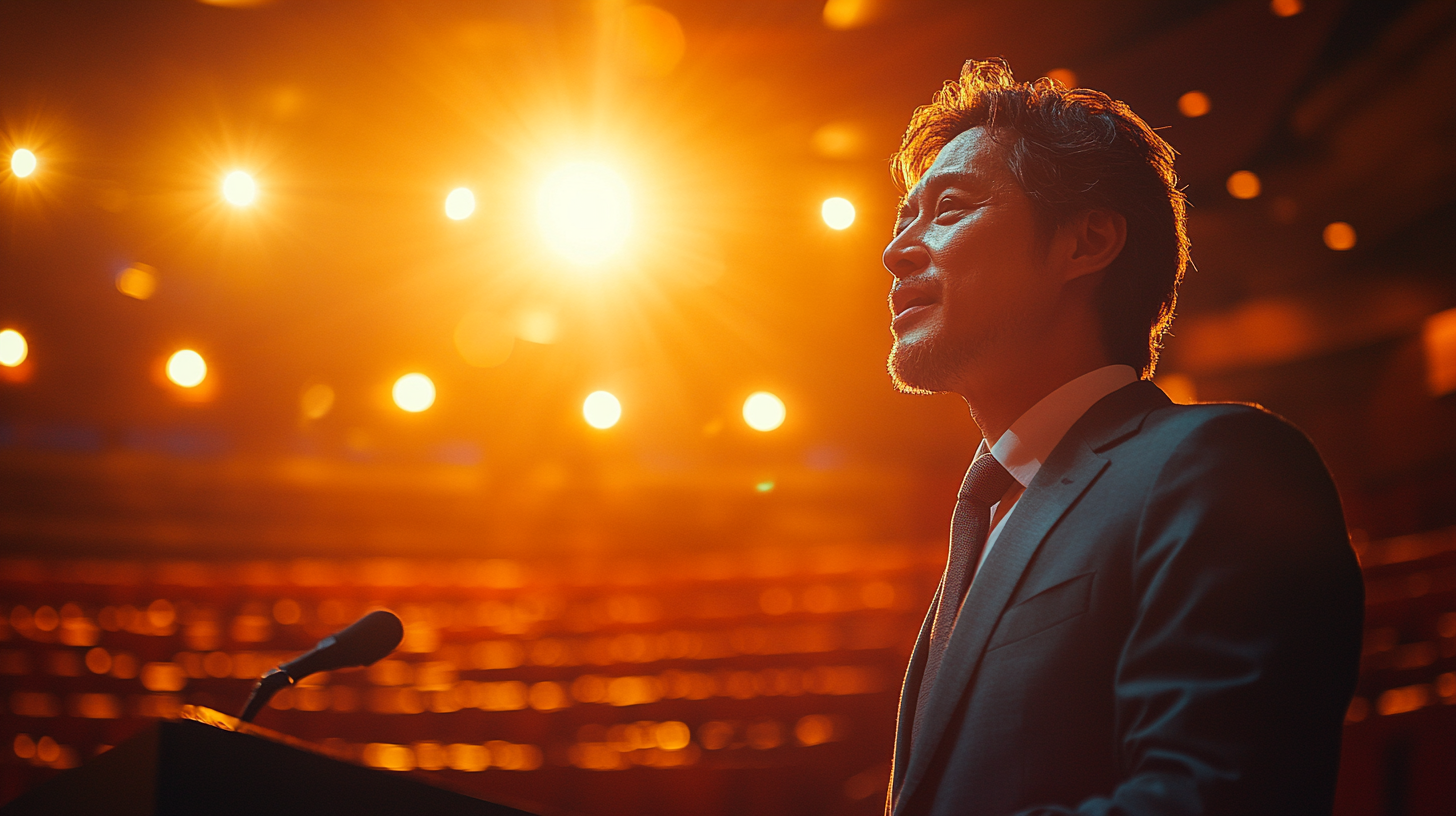 A Japanese man giving presentation on dark stage.