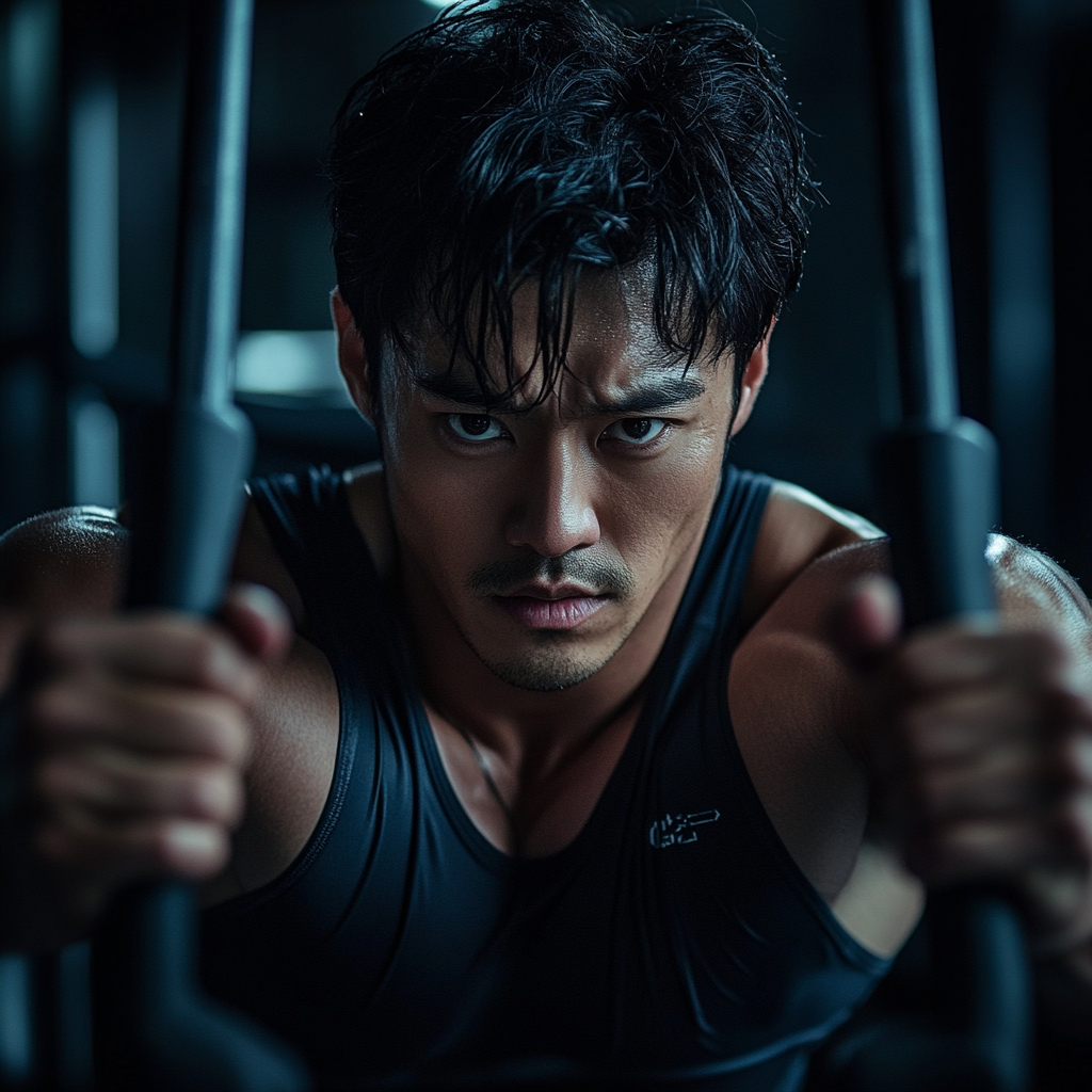 A Japanese man in 30s working out at gym.