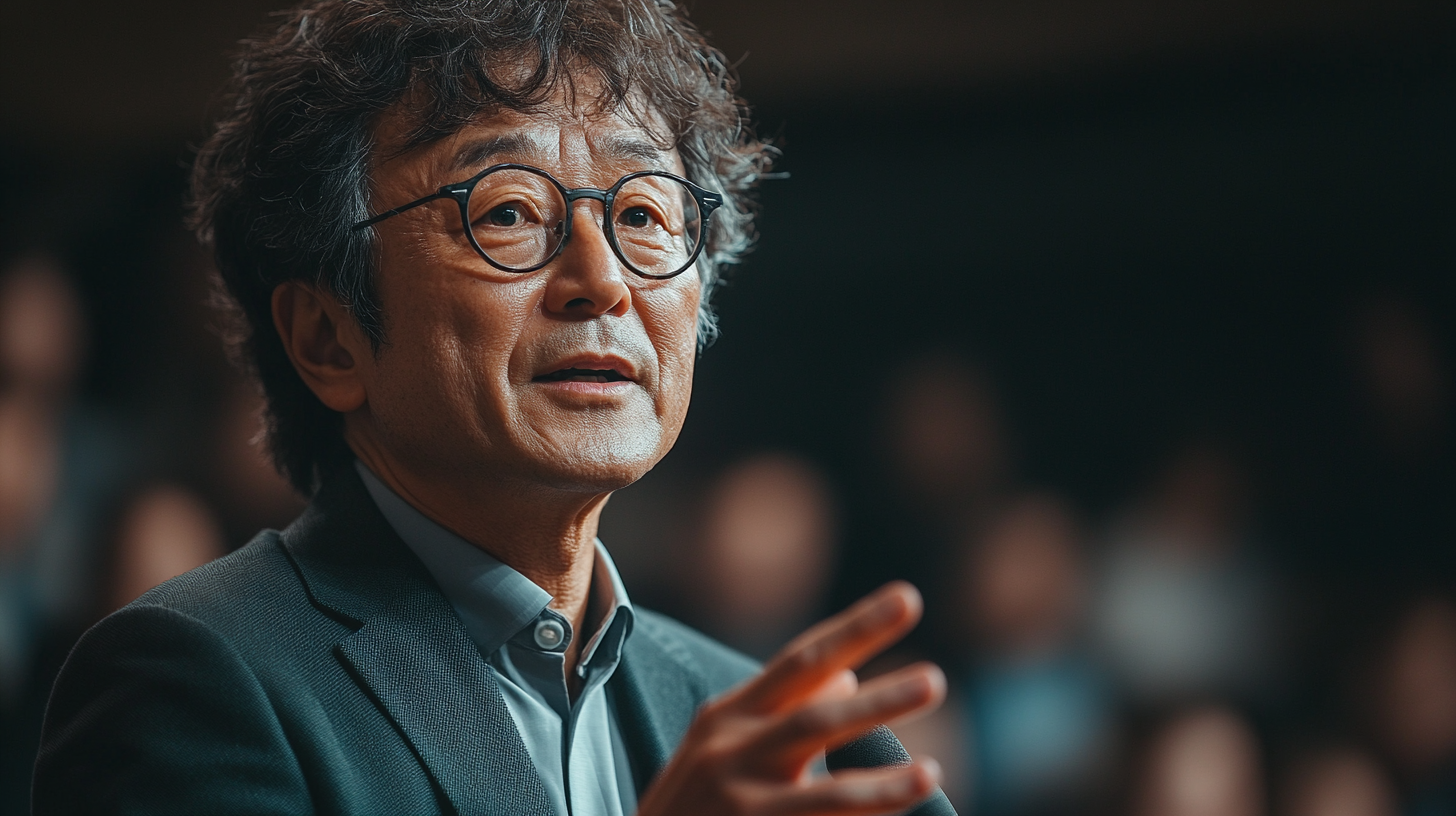 A Japanese man in suit giving presentation on stage