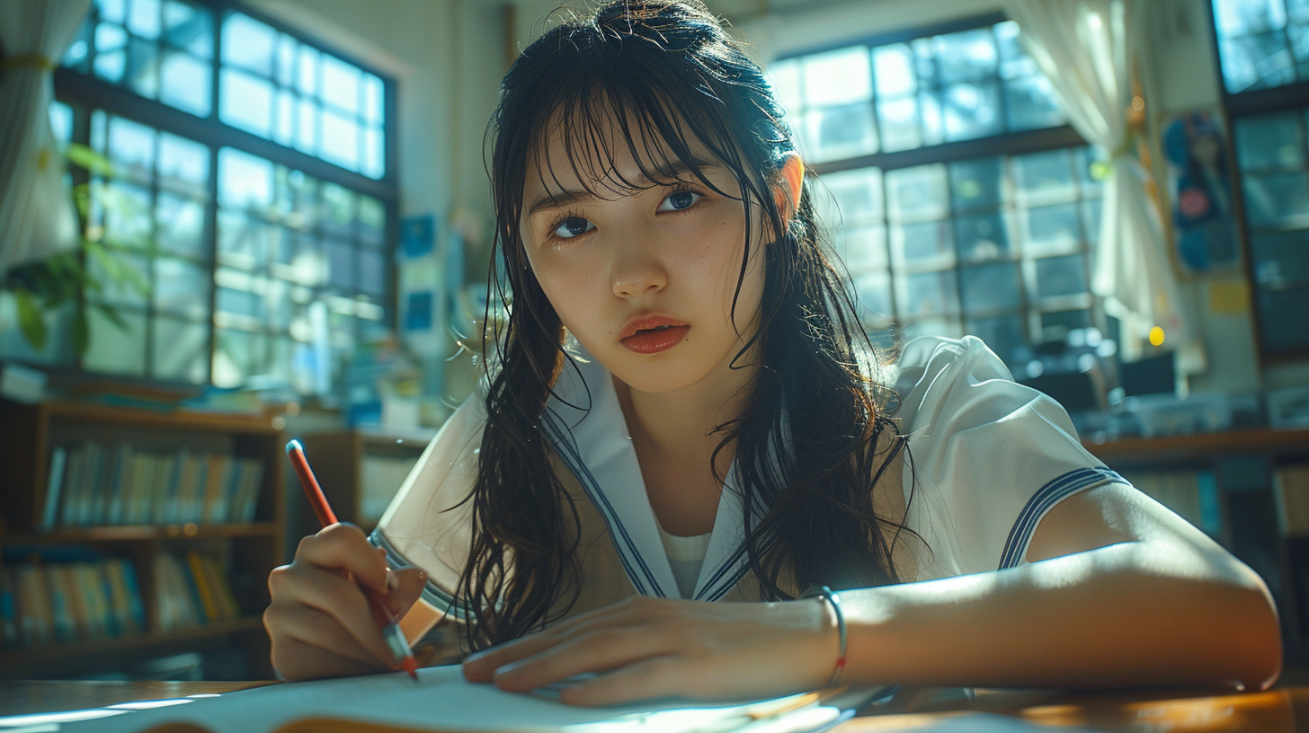 A Japanese schoolgirl writing in a bright classroom.