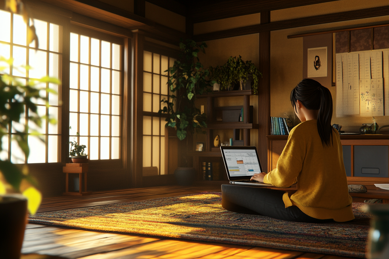 A Japanese woman budgeting on laptop in cozy room