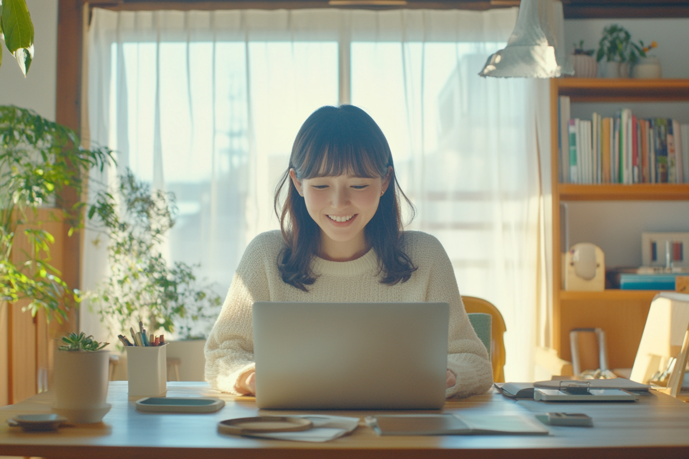 A Japanese woman happily managing finances on laptop