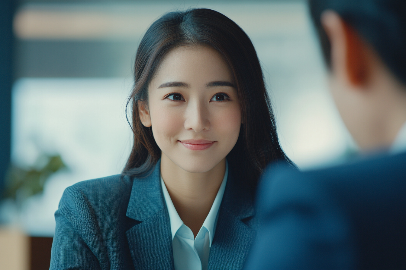 A Japanese woman meeting financial planner, confident smile