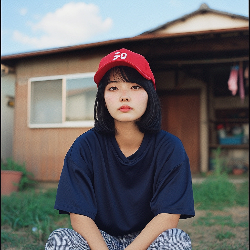 A Japanese woman sitting in countryside.