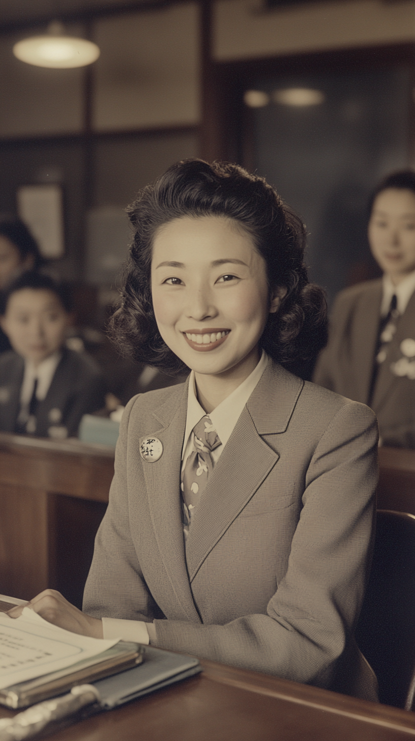 A Japanese woman smiles in a suit