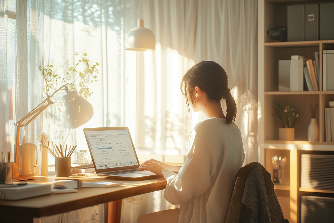 A Japanese woman smiling at laptop in bright room