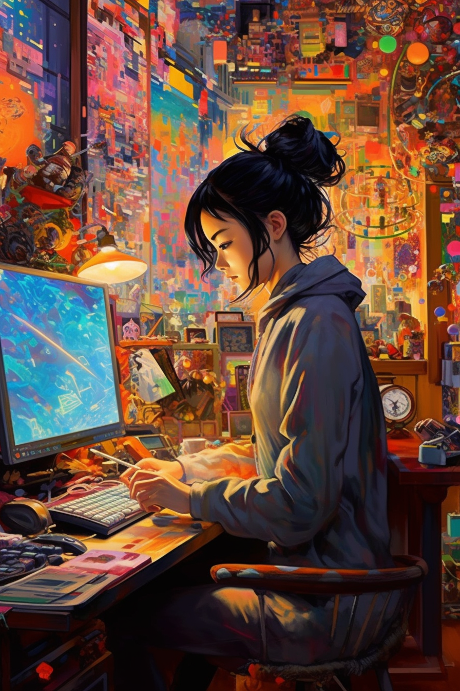 A Japanese woman with computer in colorful setting.