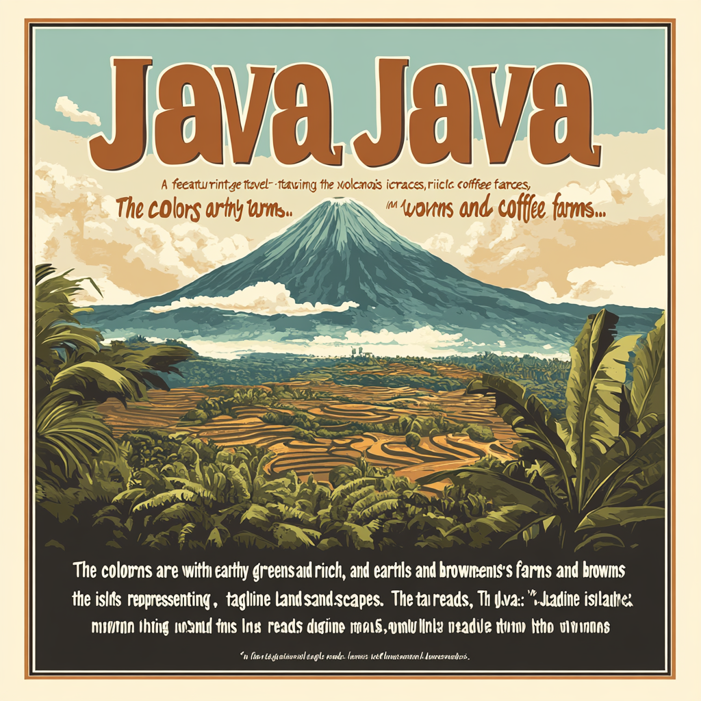 A Java travel poster with volcanoes, coffee, and adventure