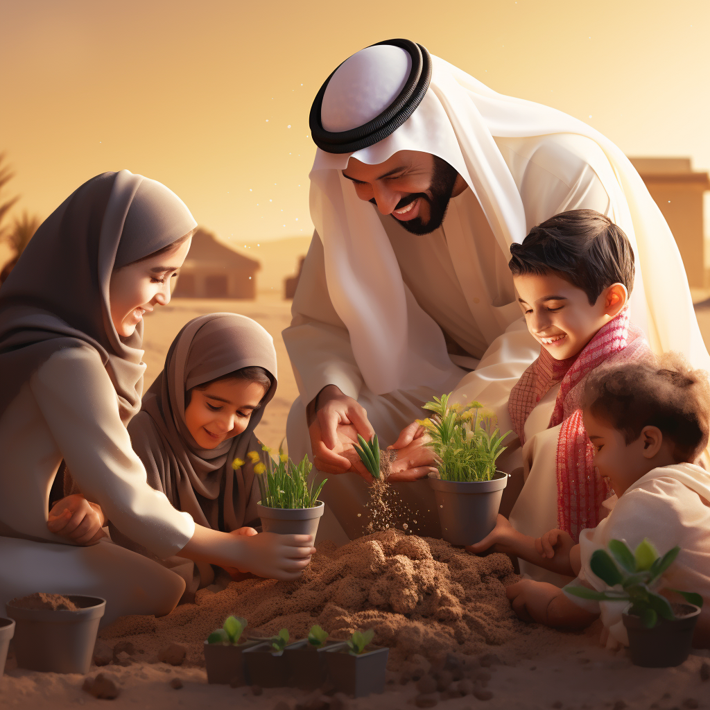 A Joyful Saudi Family Planting Wildflower in Riyadh