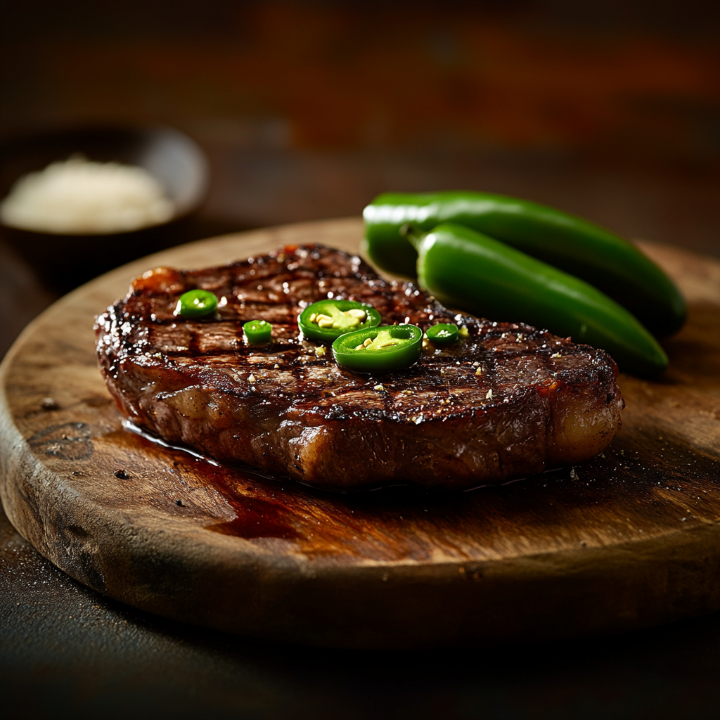 A Juicy Steak and Spicy Peppers on Platter