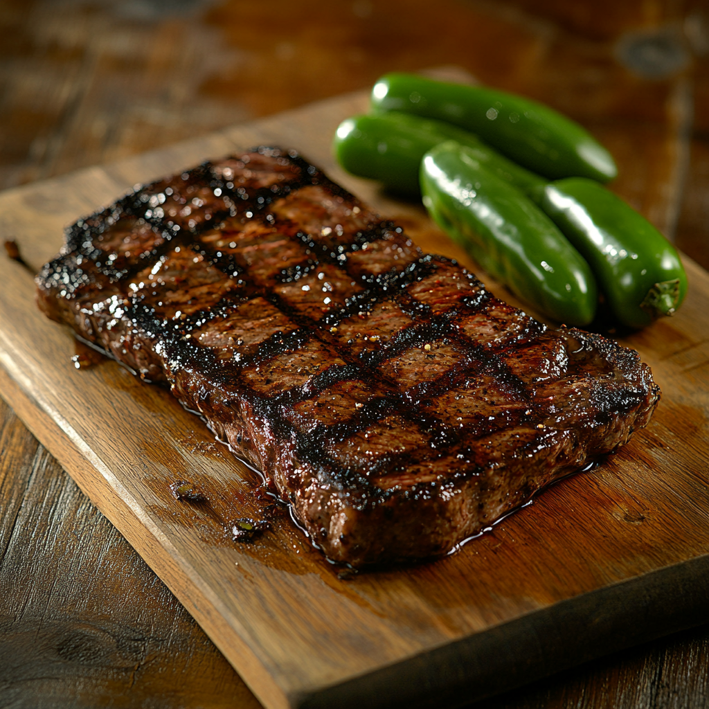 A Juicy Steak with Jalapeños on Wooden Platter.