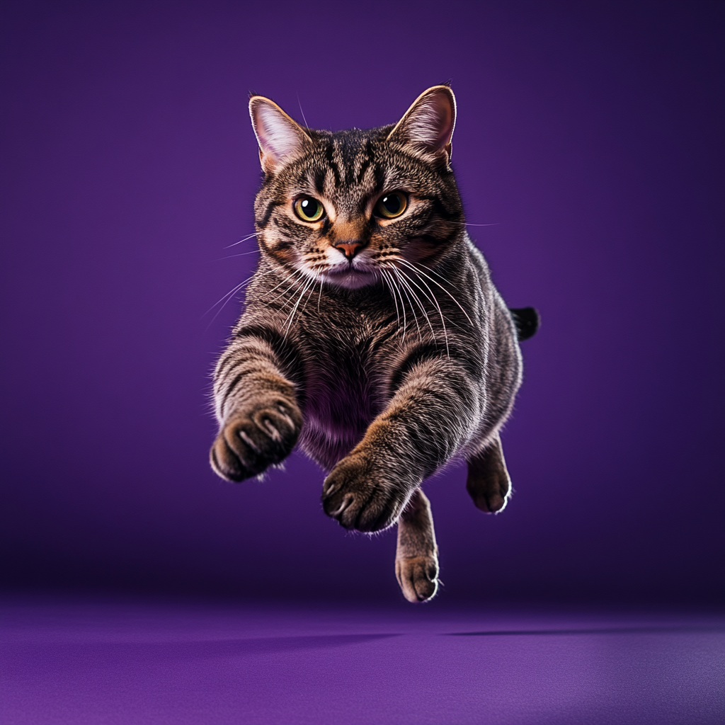 A Jumping Tabby Cat Catching Toy in Spotlight