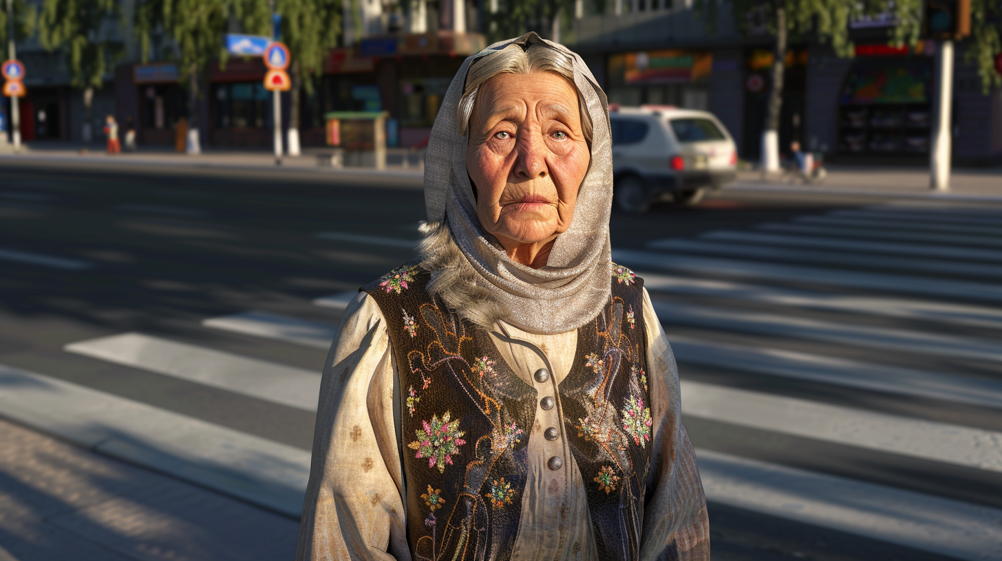 A Kazakh grandmother in traditional-modern attire conveys warmth.