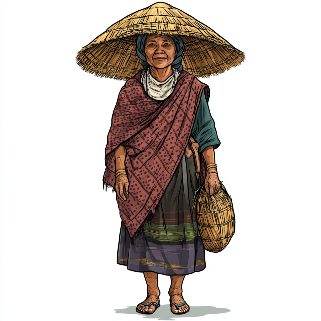 A Khasi woman farmer wearing traditional bamboo hat.