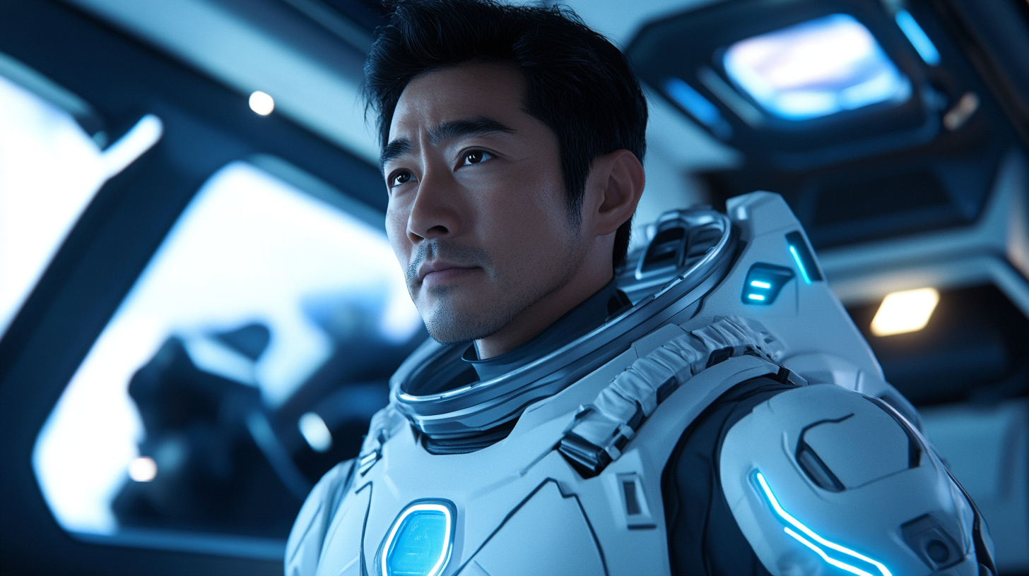 A Kind Asian Astronaut in a Futuristic Spaceship