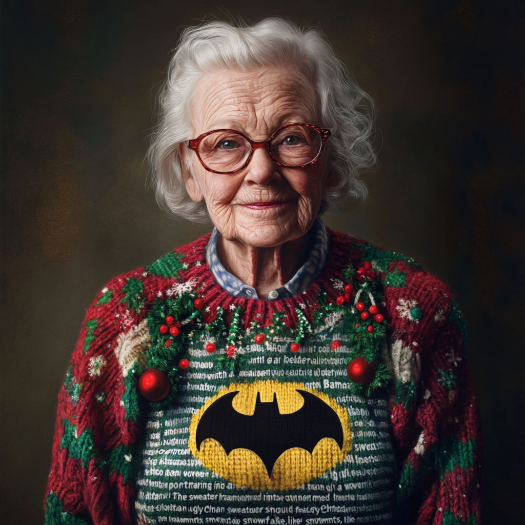 A Kind Elderly Woman in Festive Batman Sweater