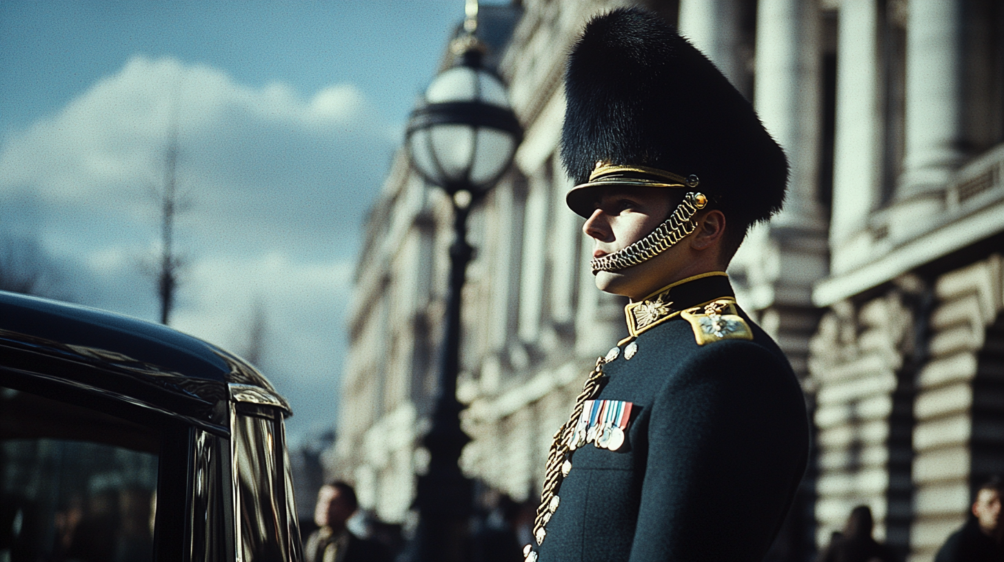 A King's guard standing near Buckingham Palace in 1966.