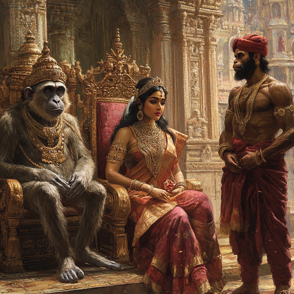 A King, a Lady, and a Monkey-faced Hanuman