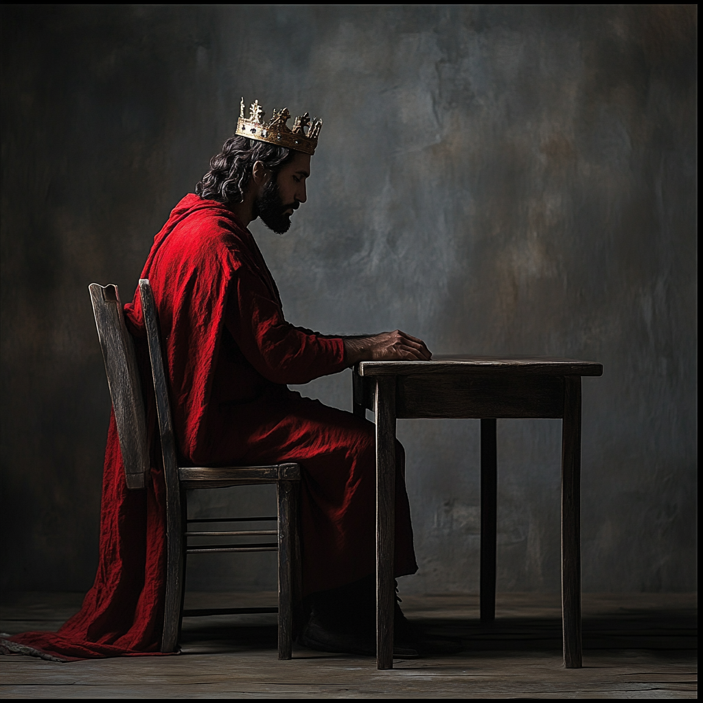 A King Jesus waits at table for guest.