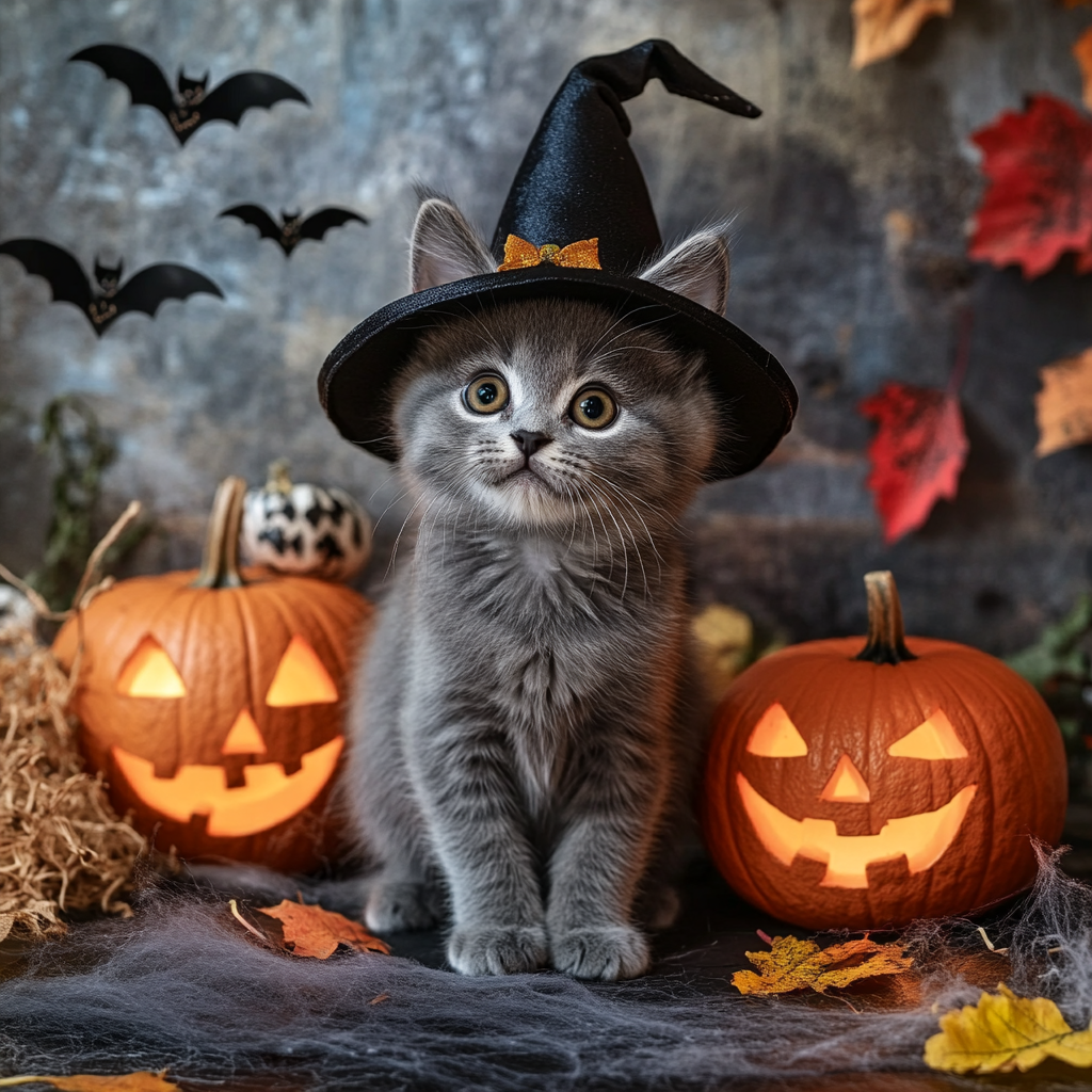 A Kitten Dressed as Cheshire Cat for Halloween.