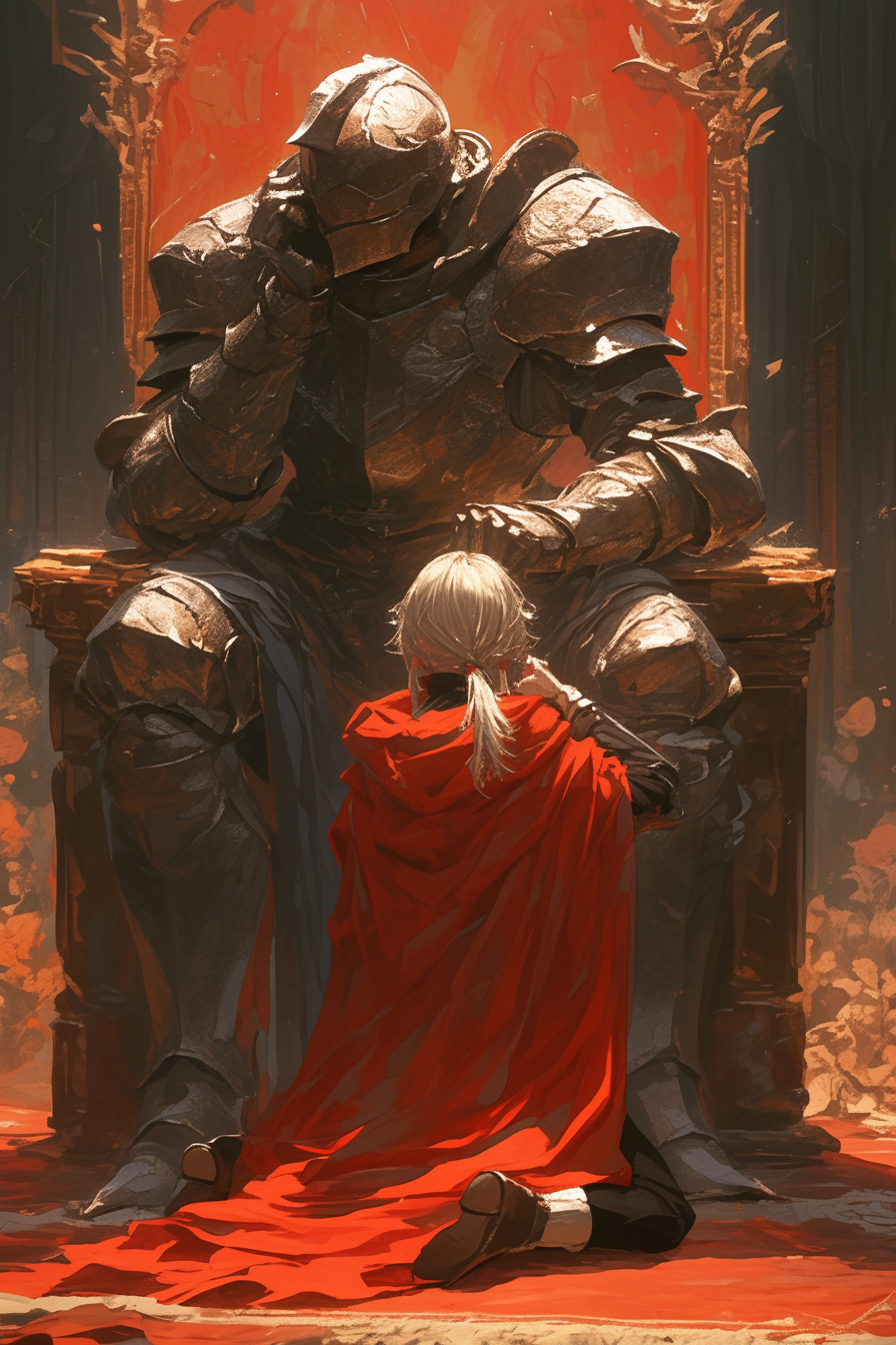 A Knight Kneeling before King in Armor