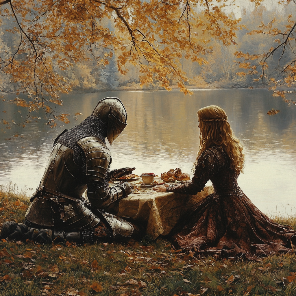 A Knight and Lady having picnic by lake