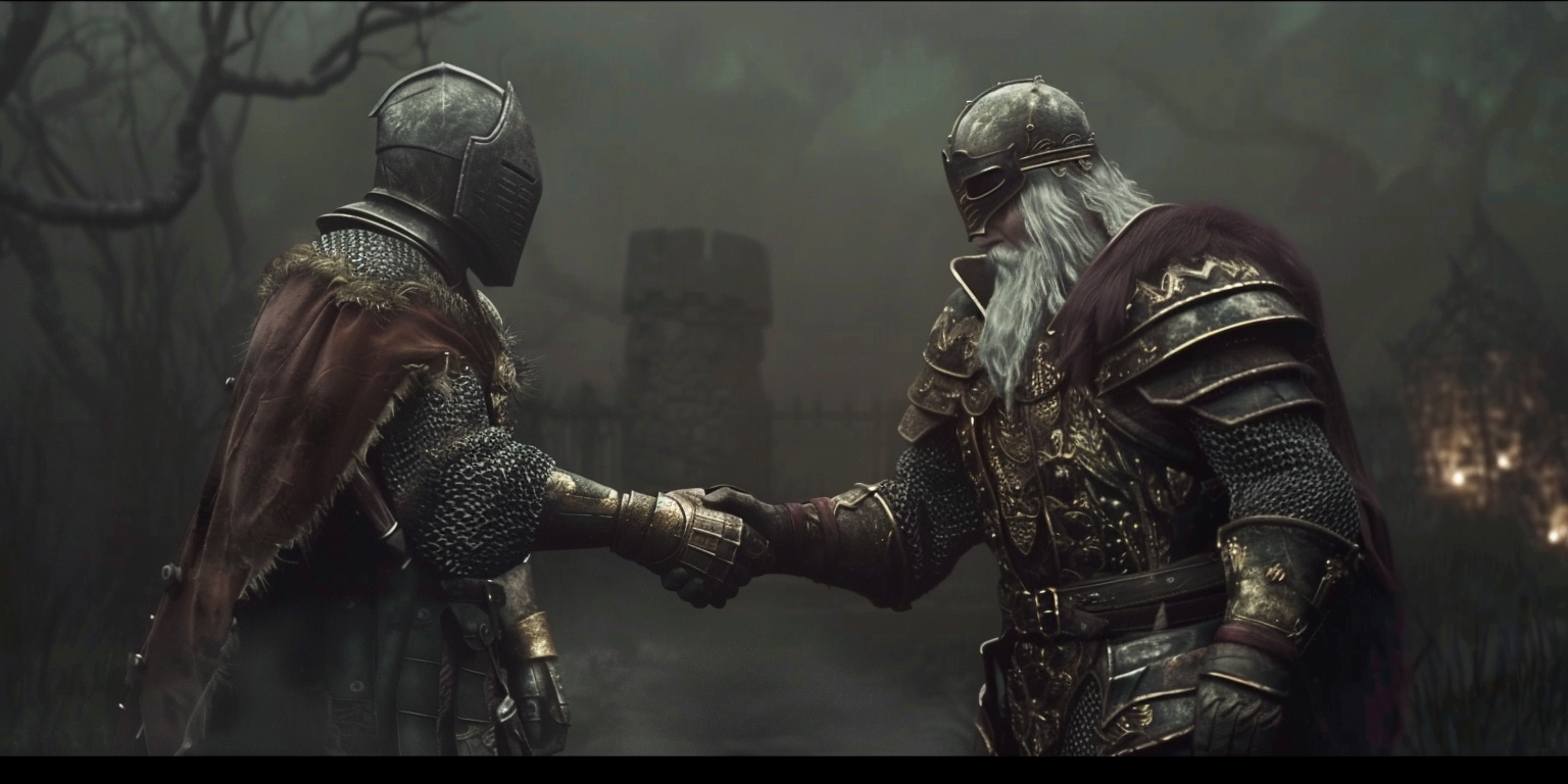 A Knight and Wizard Shaking Hands at Night