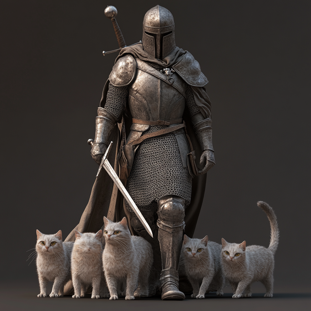 A Knight with Sword followed by Cats