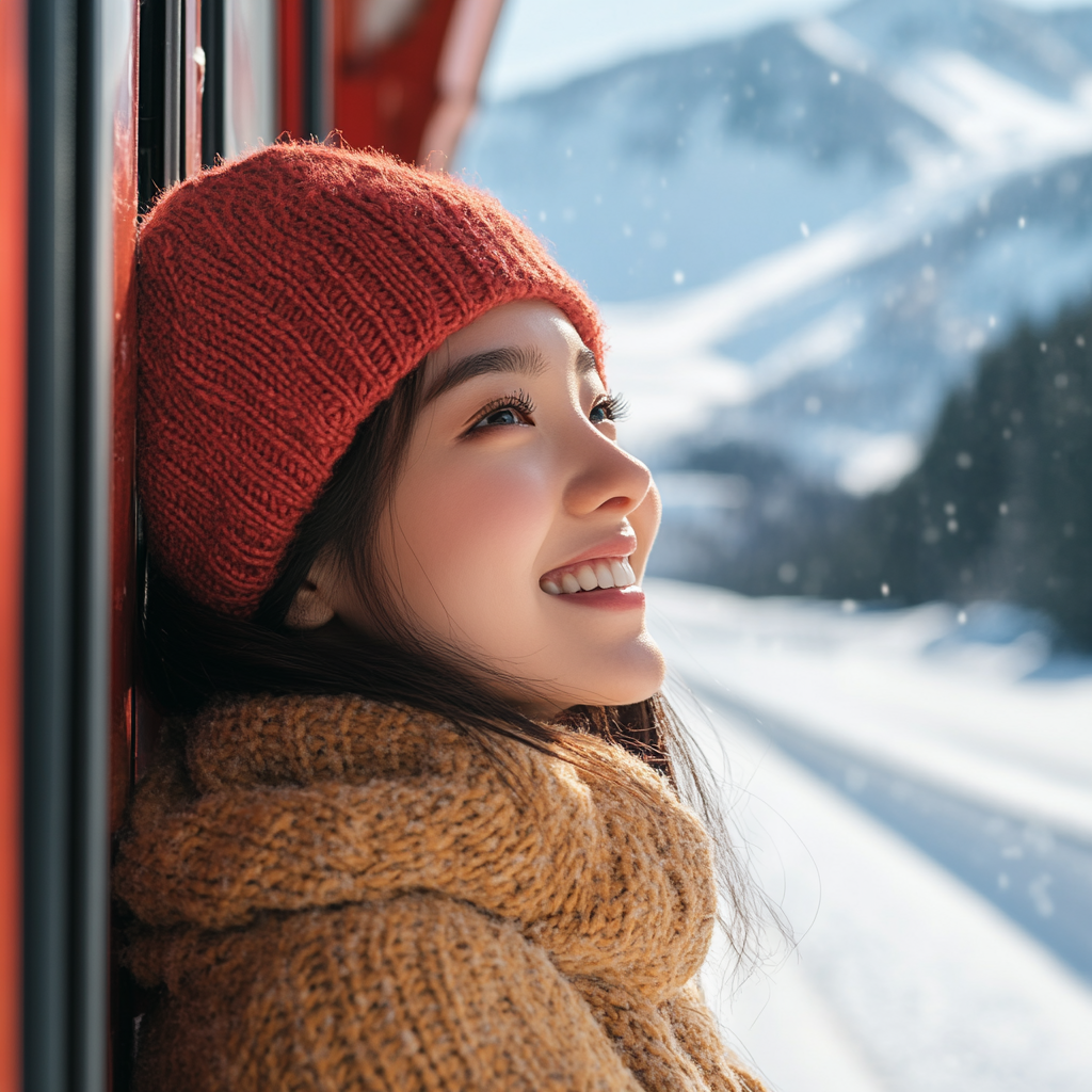 A Korean Girl Smiling on Red Train