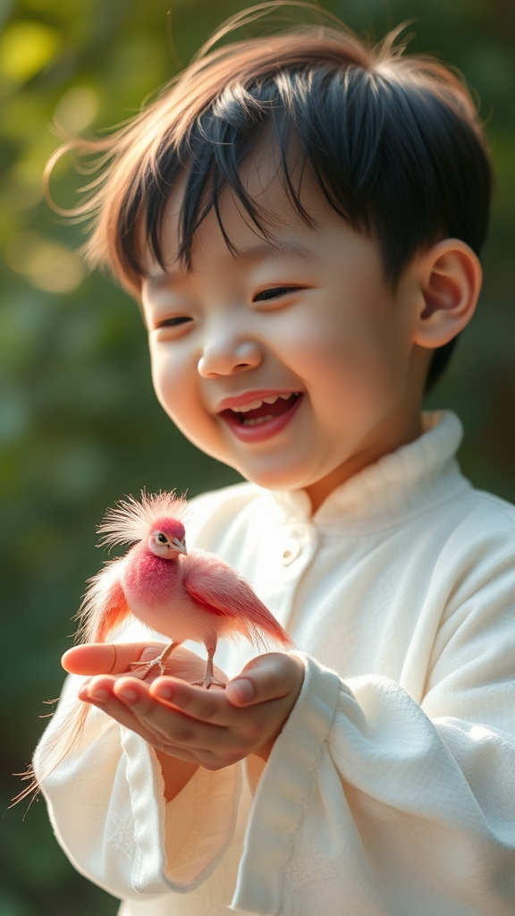 A Korean child laughing holds a tiny pink peacock.