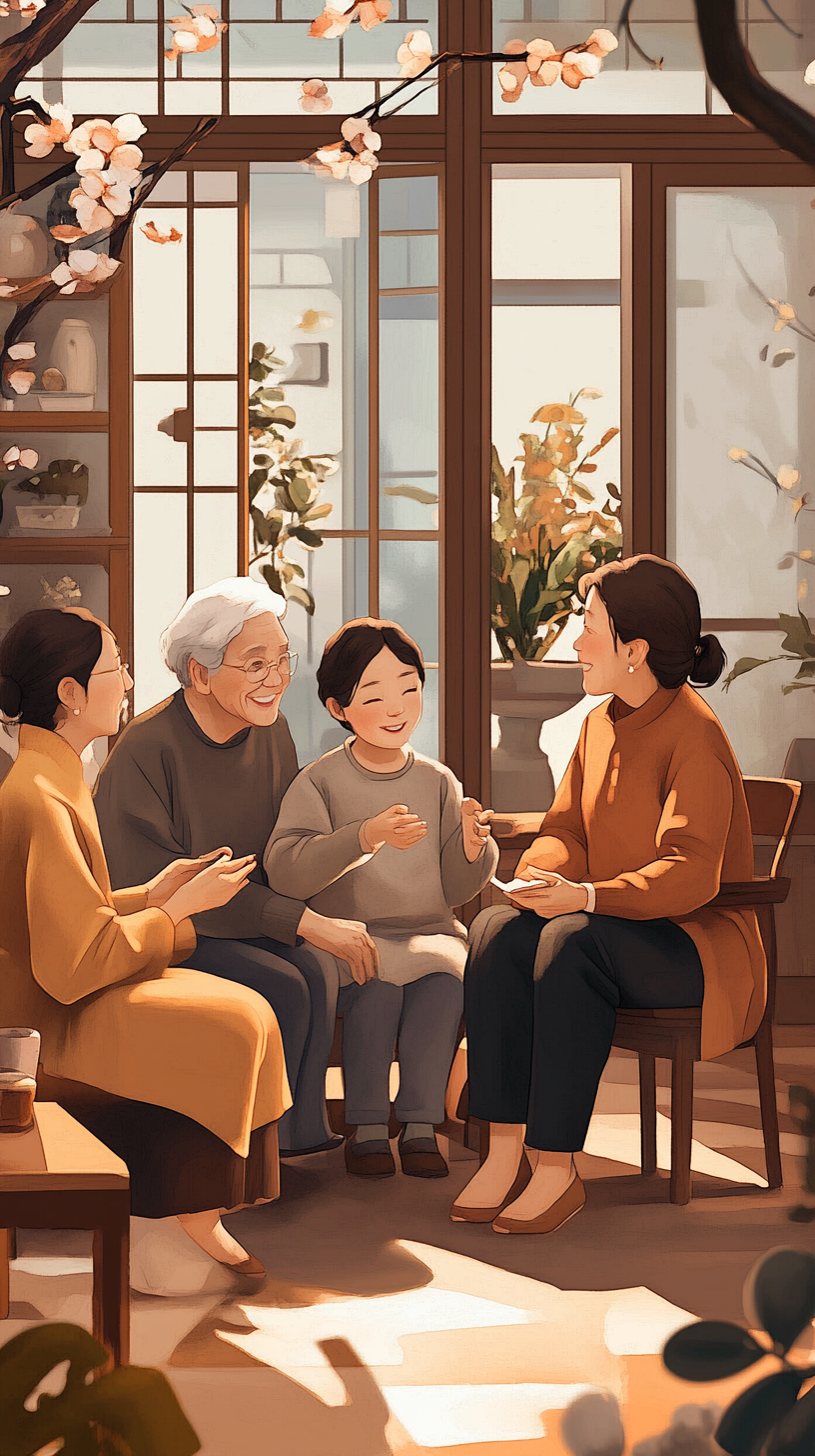 A Korean family in cozy living room talking