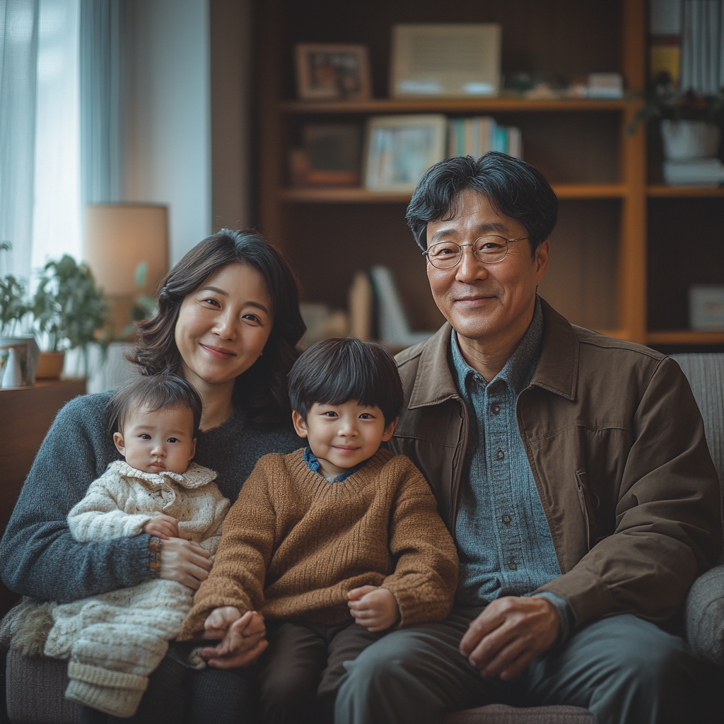 A Korean family in the living room smiling