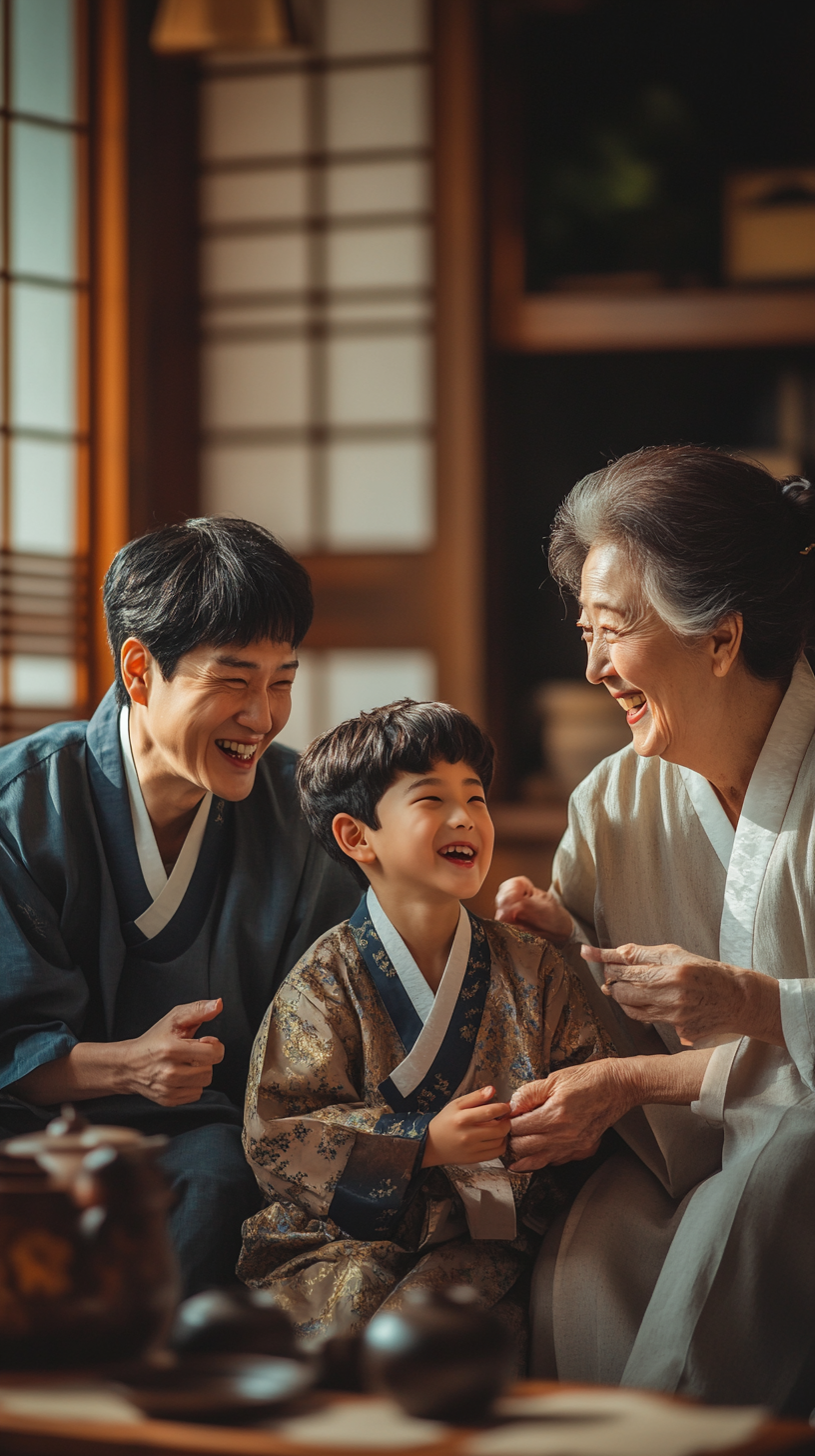 A Korean family laughing together in cozy room